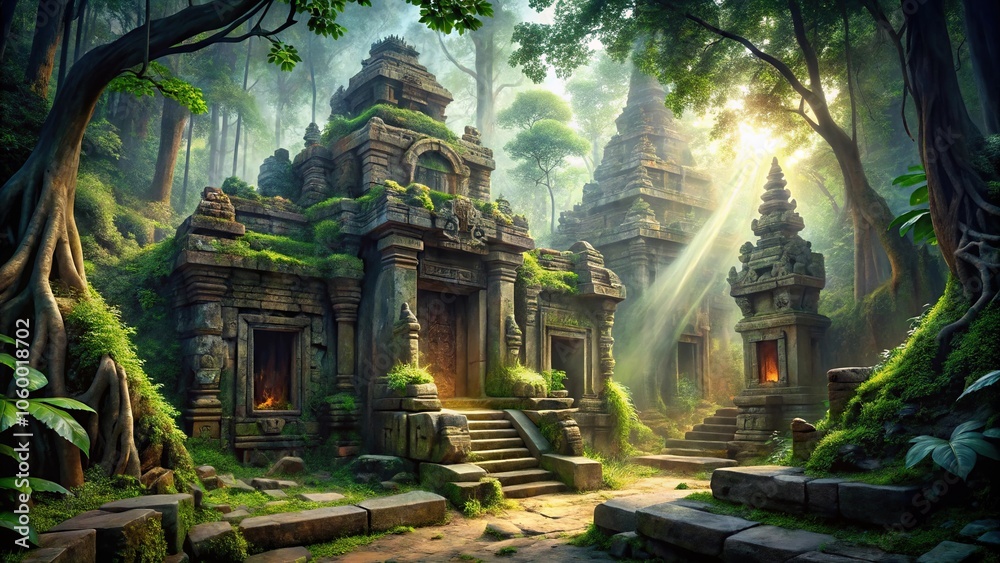 Obraz premium A dramatic and action-packed scene of a ancient temple hidden deep in the jungle with intricate carvings and mysterious energies, artifacts, energy, ruins, adventure, history