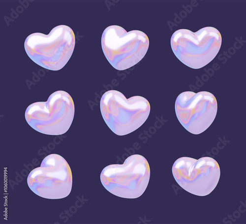 3D holographic heart rotation. Vector Valentines day symbol in different view. Realistic romantic symbol front and other angles. Holo hearts on a dark background. Love sign for card, flyer, poster