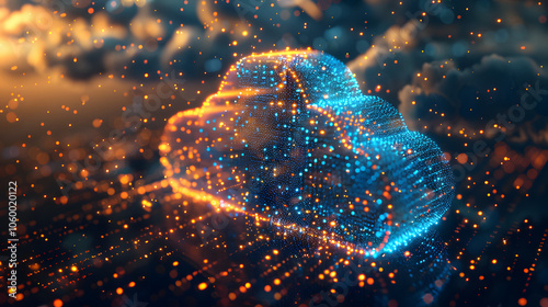 Digital informational technology web futuristic hologram with cloud icon, blue golden light digits and code background, cloud computing. Abstract Motion of digital data flow
