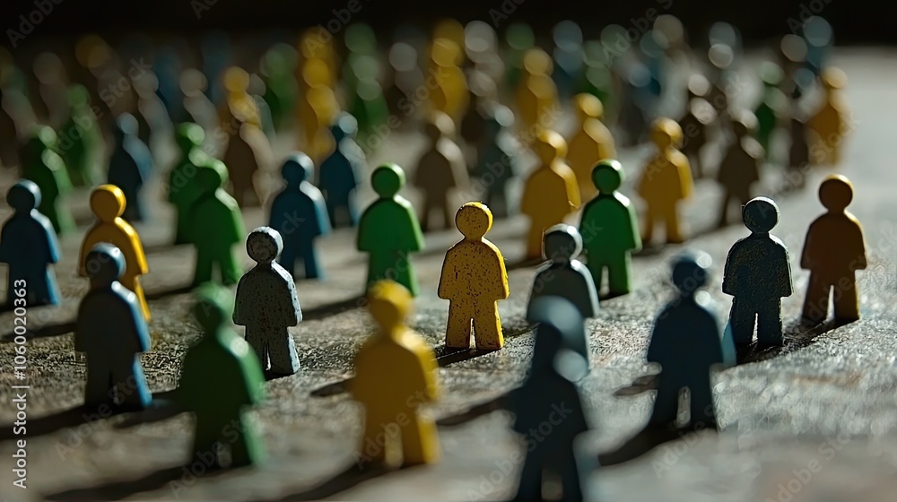 Fototapeta premium Colorful miniature figures representing a diverse group of people in a dynamic arrangement.