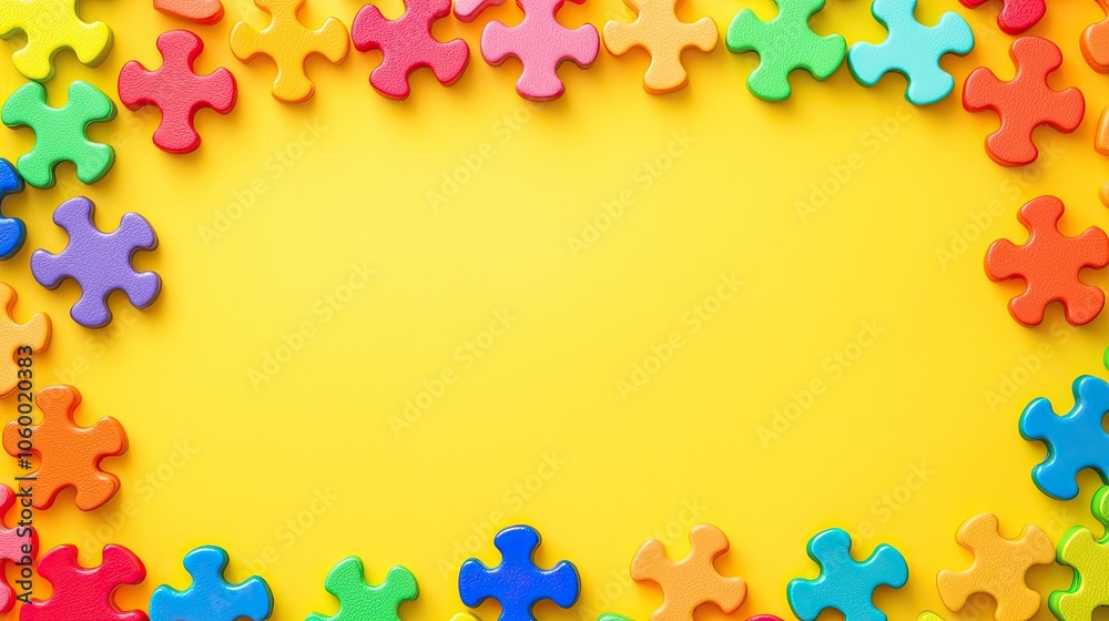 Fototapeta premium Colorful puzzle pieces arranged on a bright yellow background.