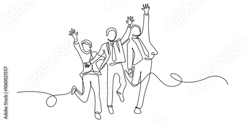 continuous line drawing of office workers happy and jumping.one line drawing of group of business people jumping.single line vector illustration.isolated white background