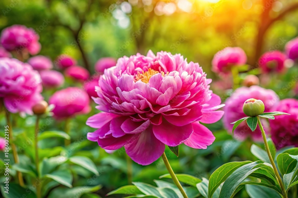 Obraz premium A majestic peony flower blooming in a lush garden filled with vibrant colorful flowers and lush foliage on a warm summer day, blossoms, colorful, garden