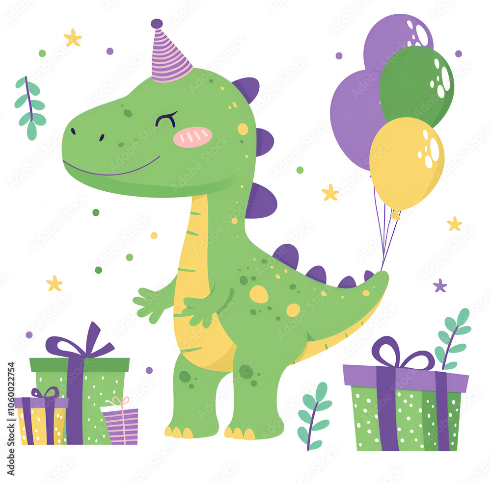 Fototapeta premium A colorful green painted dinosaur joyfully holding a bunch of brightly colored balloons along with a beautifully packaged gift box