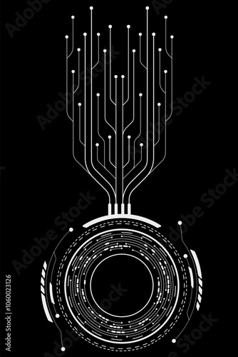 Futuristic white hud circle with AI circuit board and electronics details on black background. Tech elements for UI and GUI design. Vector illustration. EPS 10