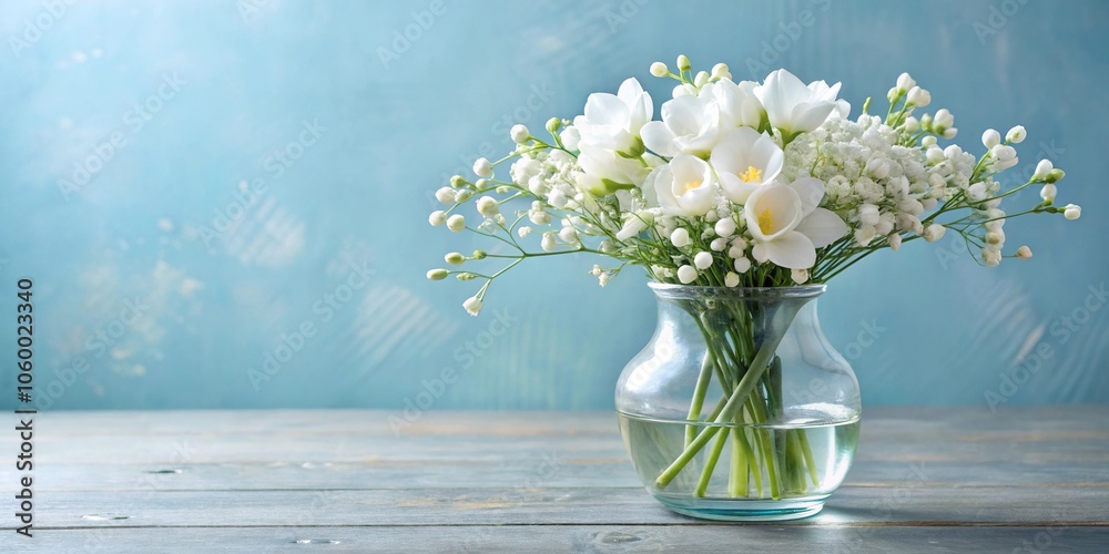 custom made wallpaper toronto digitalA posy of white freesias and baby's breath in a clear glass vase, mourning, sympathy