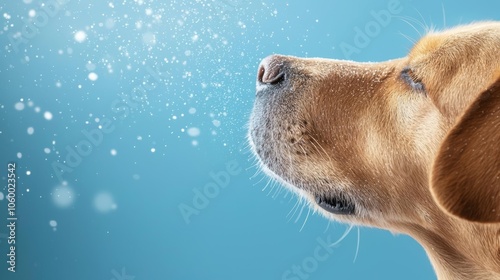 A close-up of a dog s nose with visible virus particles emerging from a sneeze photo