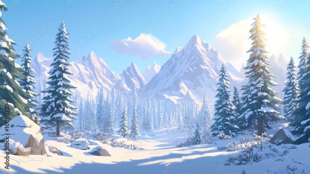 Fototapeta premium Serene Winter: Mountains in Snowy Landscape