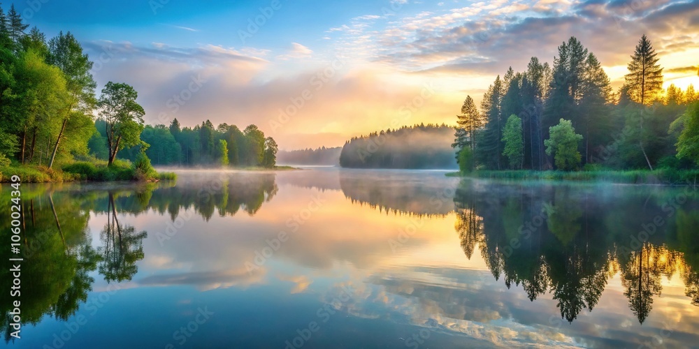 Obraz premium A serene and peaceful lake at dawn with a misty atmosphere, surrounded by tall trees and lush greenery, serene, lake, water