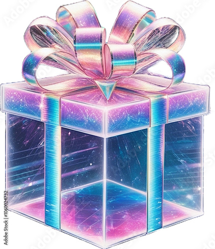 Vibrant Holographic Illustration of a Gift Box with Pink and Blue Tones and a Large Pink Ribbon Bow