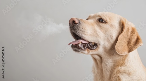 A sick dog coughing, with visible bacteria traveling from its mouth into the air