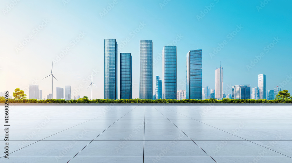 Obraz premium Modern city skyline with skyscrapers, wind turbines, and clear blue sky
