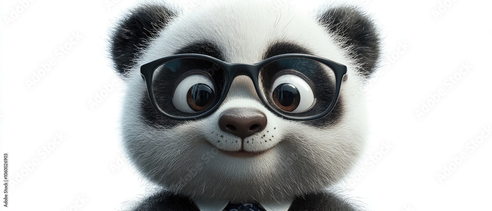 Fototapeta premium A cute cartoon panda wearing black rimmed glasses smiling.
