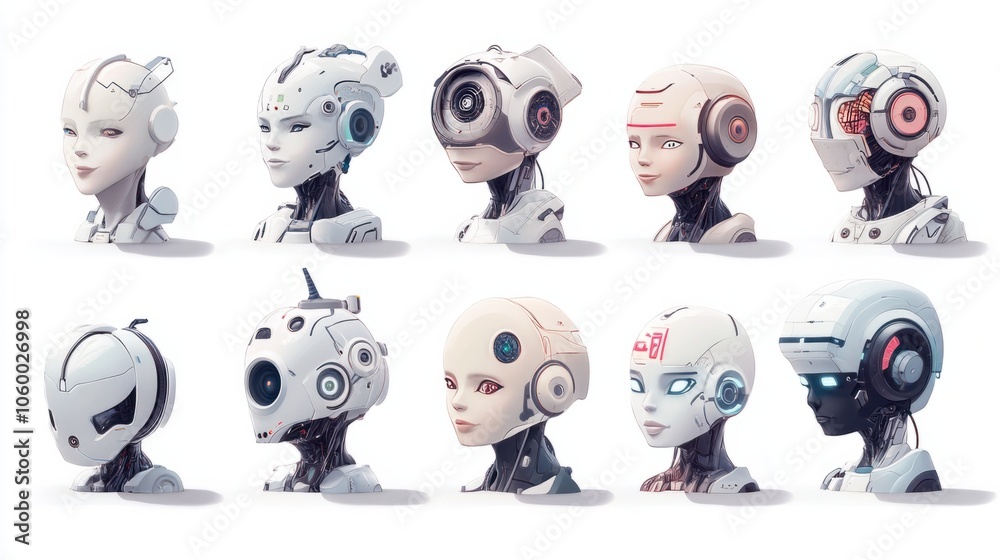 Fototapeta premium Collection of digital robots with different head shapes and facial displays on a white background