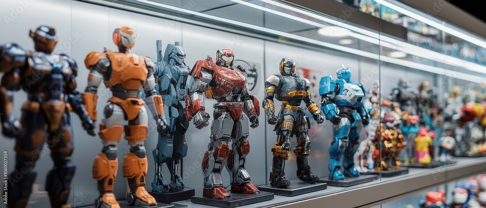 Obraz premium A row of colorful robot figurines displayed in a glass case.