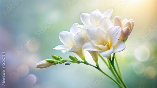 Soft and gentle texture of a freesia flower with delicate white petals, bloom, spring