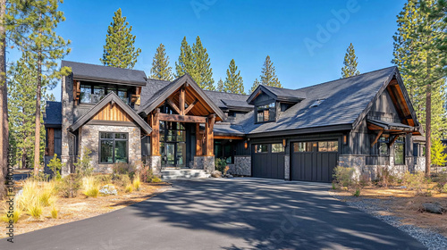 modern black and brown mountain home with stone accents