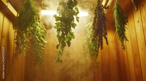 Herbs drying in a steam sauna room with aromatic atmosphere