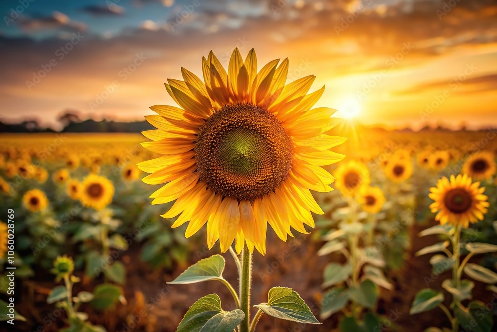 Obraz premium A vibrant sunflower standing tall amidst a field of golden hues with dark centers and subtle texture, bold, colorful, sun, landscape