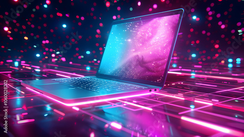 Futuristic illustration about computer technology with a laptop in neon colors. For cover backgrounds, wallpapers and other modern projects