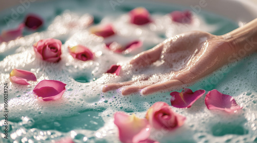 Serene hand in luxurious rose petal and foam bath photo