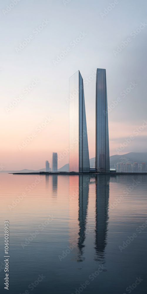 Obraz premium Modern skyscrapers reflect in calm waters during dawn in an urban landscape