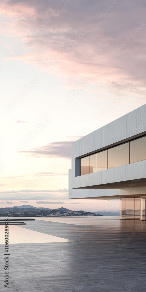 Fototapeta premium Modern architectural design of a minimalist house overlooking a serene landscape at sunset