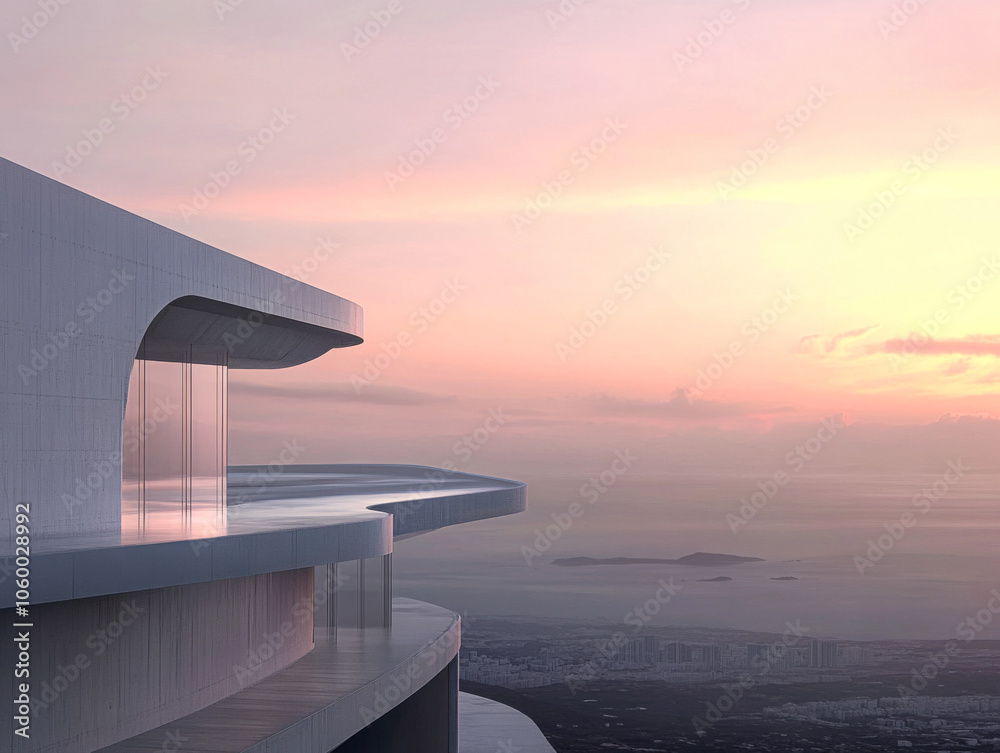 Fototapeta premium Modern architectural design overlooks serene ocean view during sunset in tranquil atmosphere