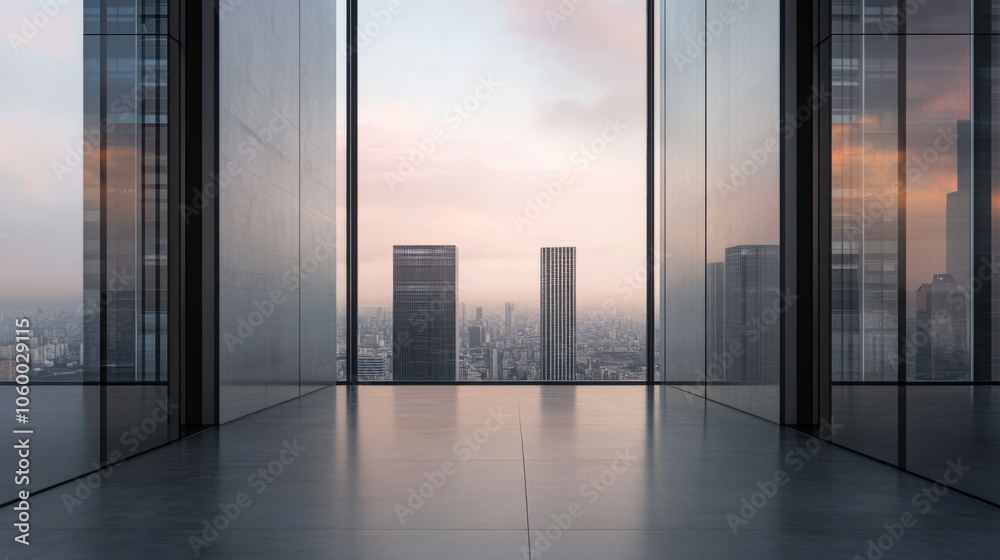 Fototapeta premium Modern office interior with glass walls overlooking a city skyline at sunset