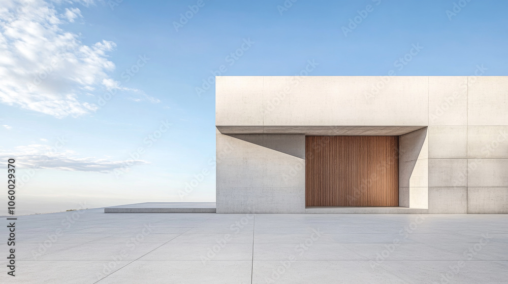 Obraz premium Modern architectural design featuring a minimalist concrete structure with wooden accents
