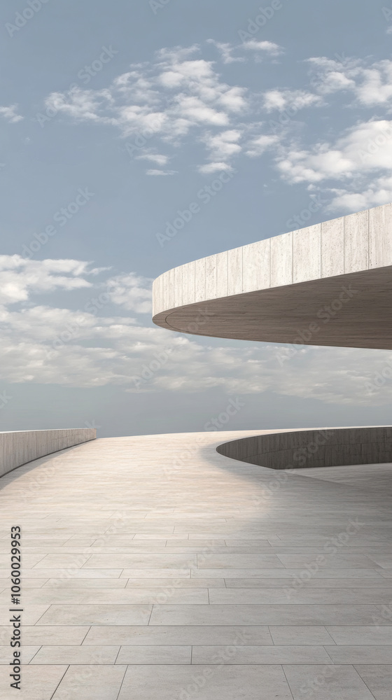 Fototapeta premium Modern architectural design featuring a curved walkway under a cloudy sky at a serene location