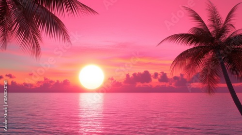 A picturesque sunset over the ocean, featuring vibrant pink hues and silhouetted palm trees, creating a tranquil and serene atmosphere.