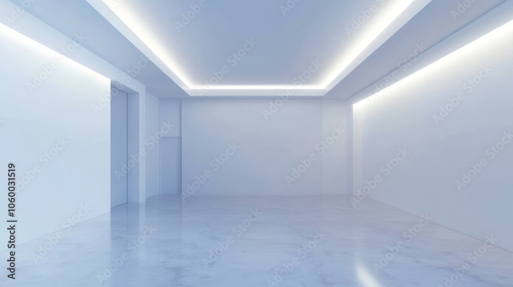 Fototapeta premium A minimalist, empty room with smooth white walls and a glossy floor, illuminated by soft lighting.