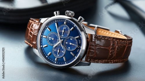 upscale timepiece featuring a brown crocodile-grain leather band and an azure dial
 photo