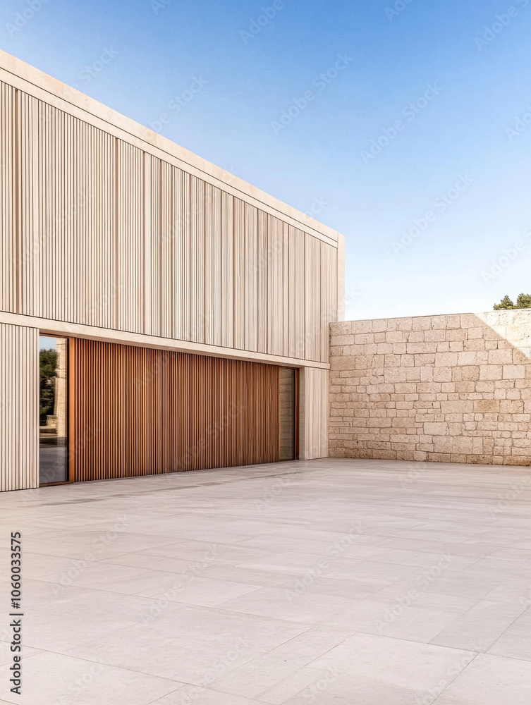 Fototapeta premium Contemporary architecture blending wood and stone at an outdoor space during bright daylight