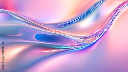 An iridescent fluid abstract image with vibrant colors in a smooth, flowing style on a soft gradient background. Concept of modern art