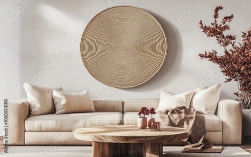 In a stylish living room, a large wall art mockup presents an intricately woven, round canvas in warm beige tones