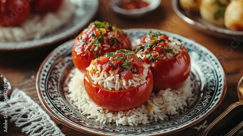 Rice-stuffed tomatoes with olive oil are examples of traditional Turkish cuisine.
