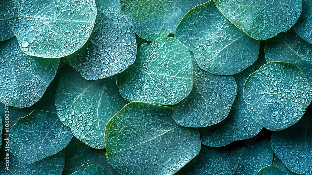 Obraz premium Eucalyptus leaves with dew droplets