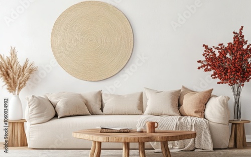 This living room displays a large wall art mockup featuring an intricate, round woven canvas in warm beige tones