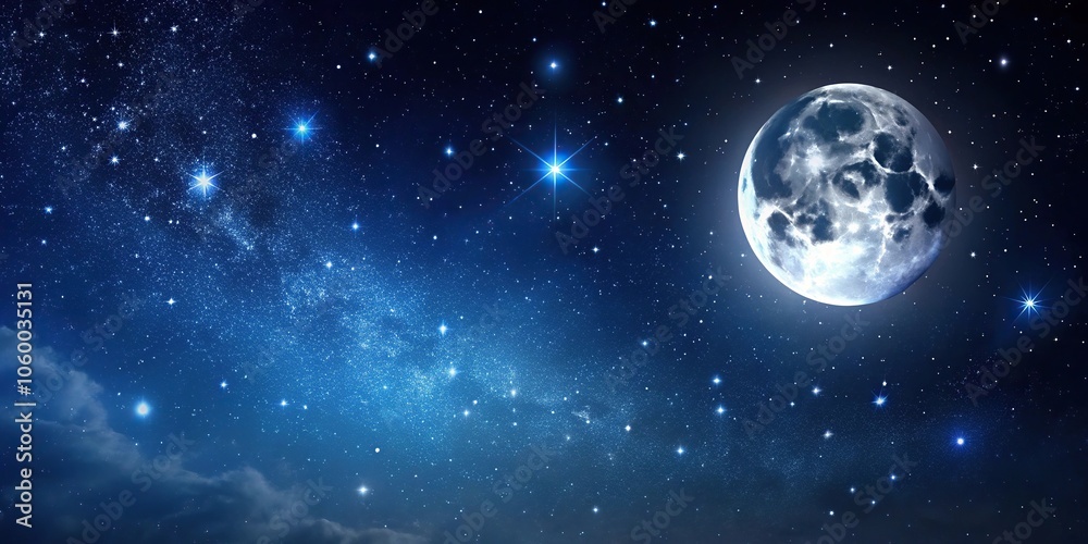 Obraz premium Dark indigo night sky with stars and moon, asteroid field, astronomy