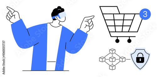 Person wearing VR headset pointing, shopping cart with item count, blockchain network, and security shield icon. Ideal for e-commerce, VR shopping, blockchain, cybersecurity, online retail, digital