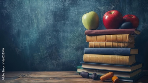 A stack of books with fruit on top, creating an image of education and the joy of reading. photo