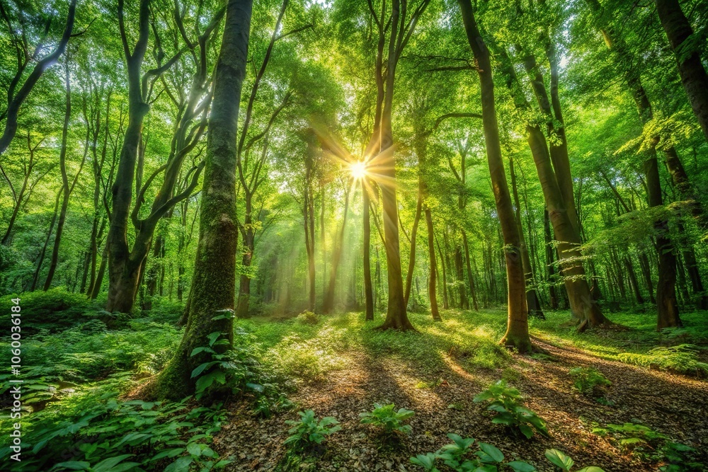 Obraz premium Dense foliage with sunlight filtering through the canopy creating dappled patterns on the forest floor, sunlight, trees, nature, outdoors