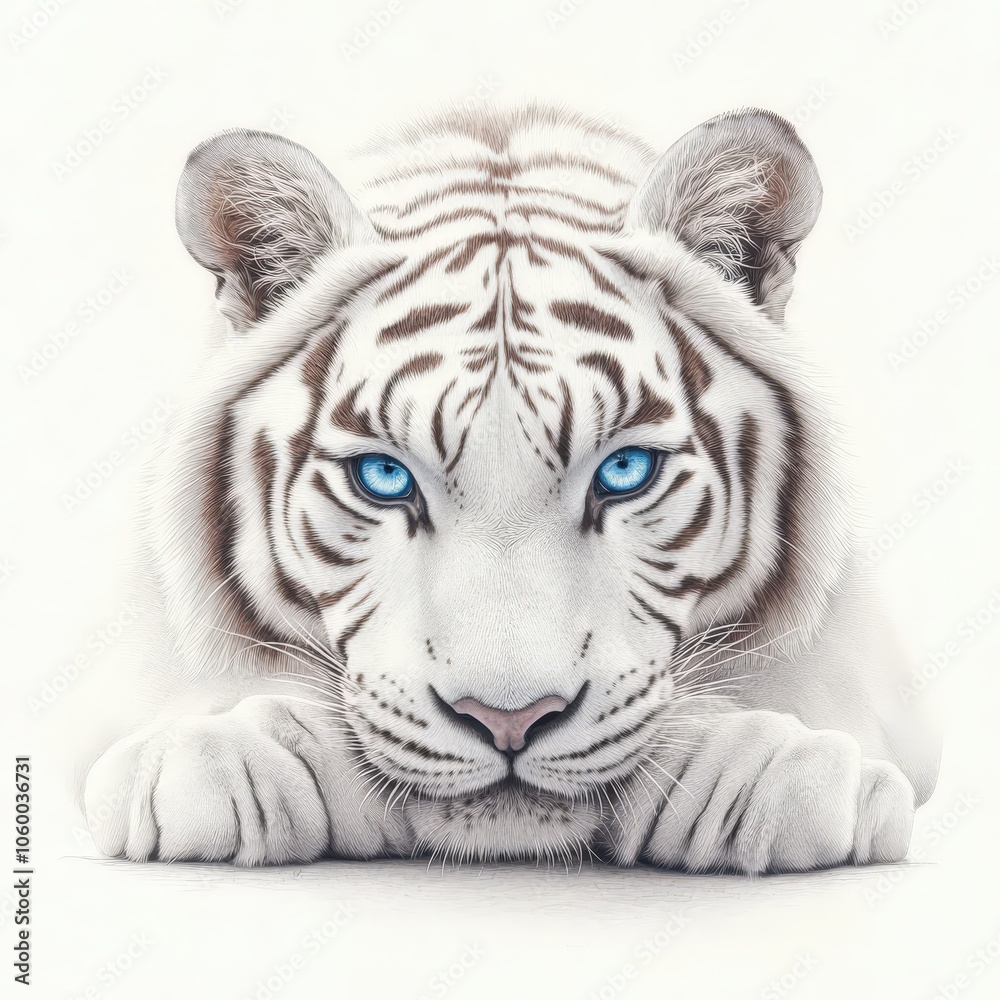 Fototapeta premium A white tiger with blue eyes is laying down on a white background