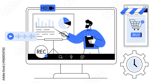 Man presenting data on screen with HD recording, charts, and e-commerce elements Ideal for online learning, virtual meetings, webinars, digital business, remote work Modern flat design