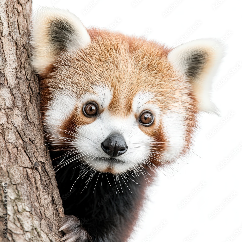 A red panda bear is peeking out from behind a tree trunk A red panda bear is peeking out from behind a tree trunk