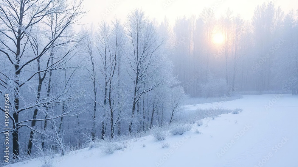 Obraz premium Snow-covered forest in the early morning with a mystical and serene atmosphere, icy, sunrise