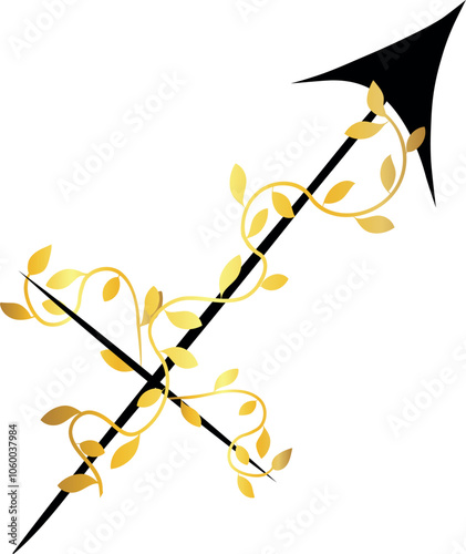 This vector illustration of Sagittarius zodiac sign in black with golden flowers.