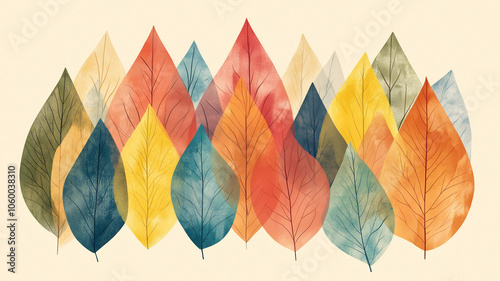 Abstract leaf design with warm autumn colors forming mountain shapes on a beige background; perfect for seasonal decor or Thanksgiving themes in a cozy, hand-drawn style. photo